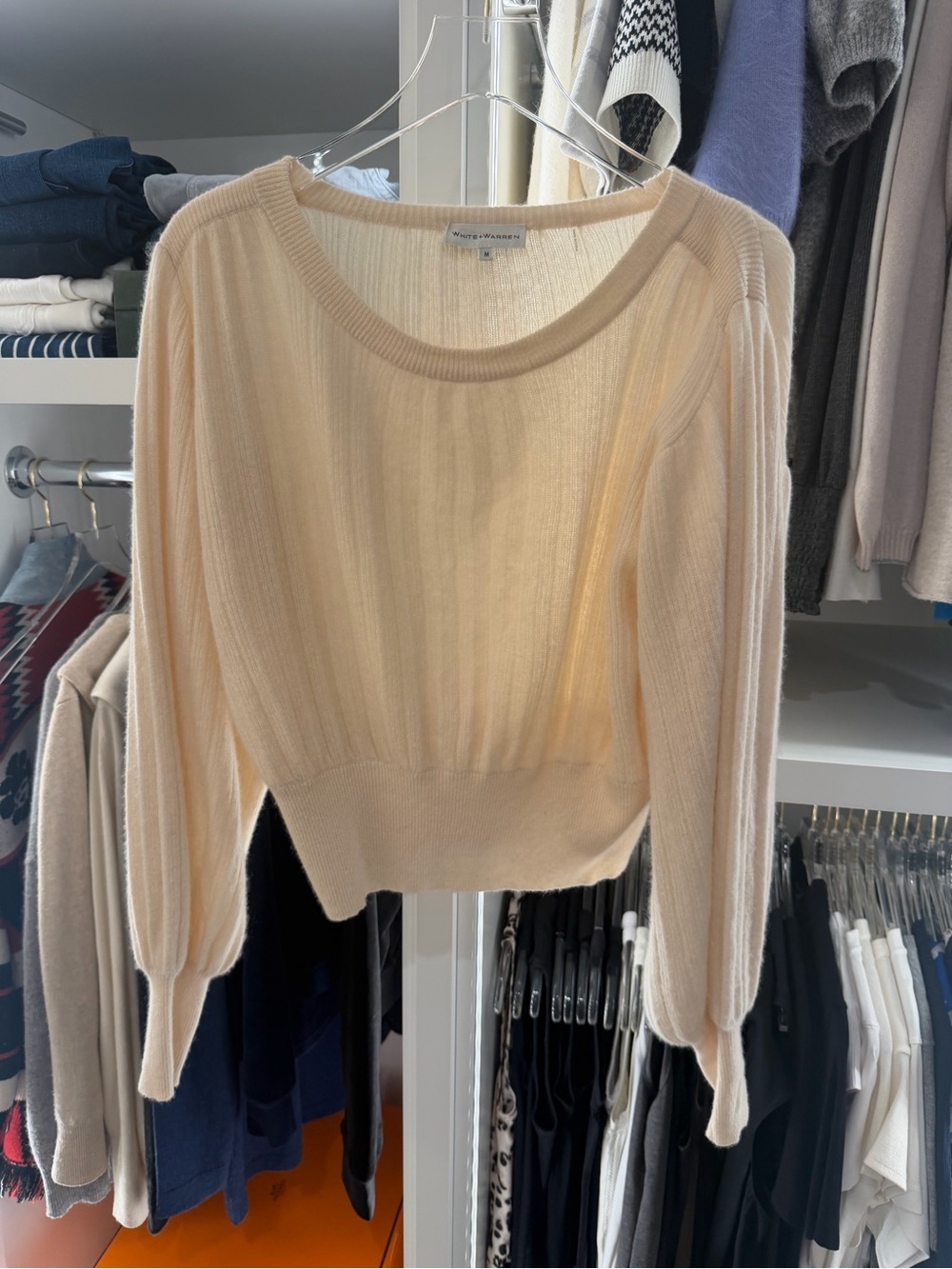 White + Warren Cream Ribbed Long-Sleeve Pullover